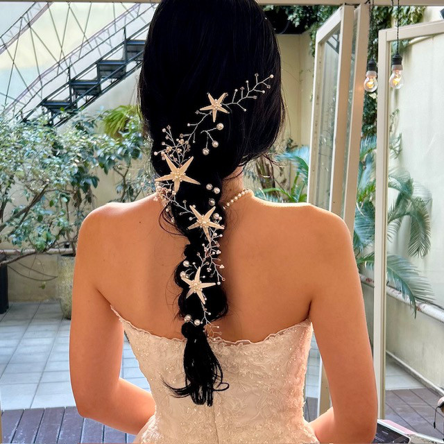 ヘッドアクセサリー（スターフィッシュ）ワイヤーシルバー　ピンク系ビーズ　結婚式　パーティー　謝恩会　発表会　リゾート　海