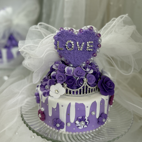 Love×Love パープルカラーのクレイケーキ(ティアラ＆リボンベール付き