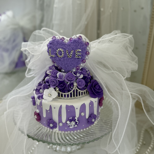 Love×Love パープルカラーのクレイケーキ(ティアラ＆リボンベール付き