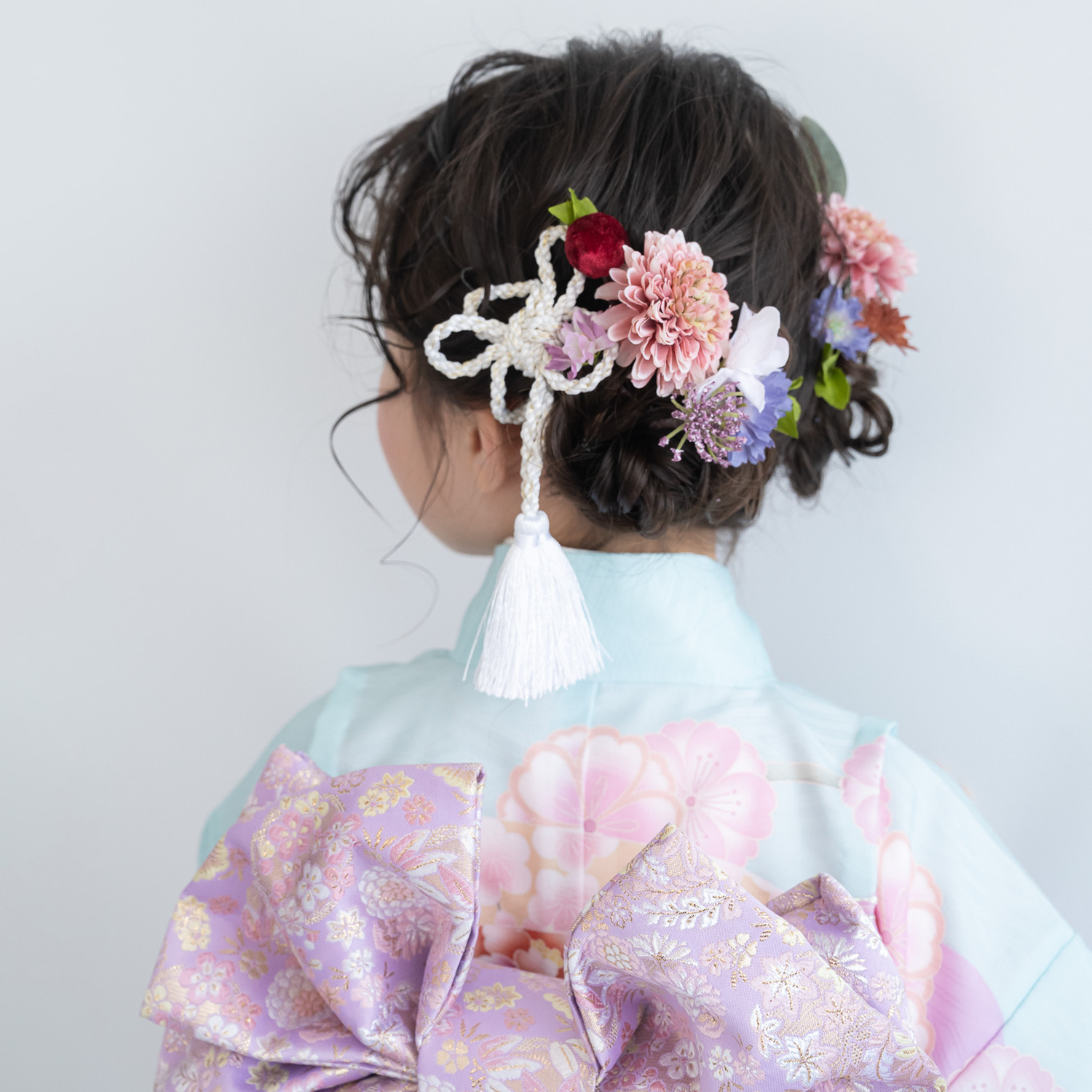 【七五三7歳/3歳リボン髪飾りJ】人気の髪型タイトお団子ツインヘアアレンジ/小学生卒業式袴水色/紫/二分の一成人式振袖