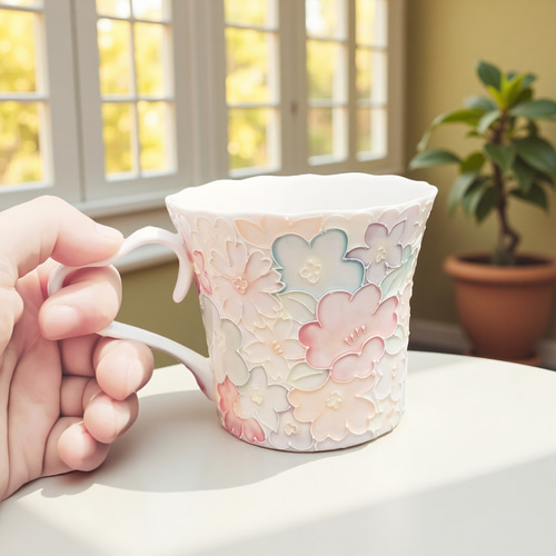 星花川】手作りのハート形ハンドルセラミックカップ - レリーフ花柄