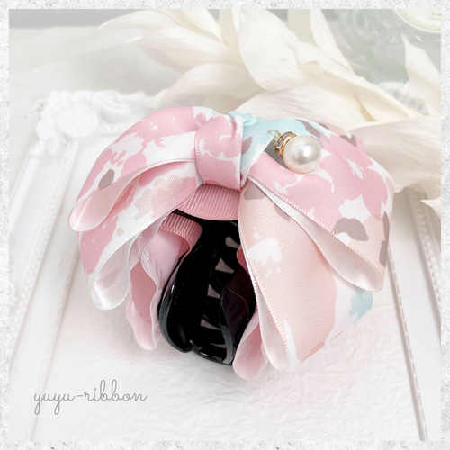 バンスクリップ リボン ヘアクリップ パール 結婚式 ピンク おしゃれ パステルカラーのバンスクリップ ピンク パール付き 花柄 リボン