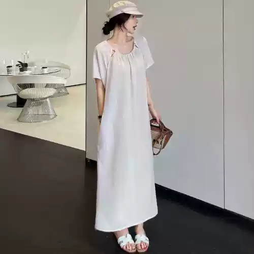 高級感レトロ調。プリント綿麻ワンピース春夏文芸純色亜麻ストレートミドルロングスカート