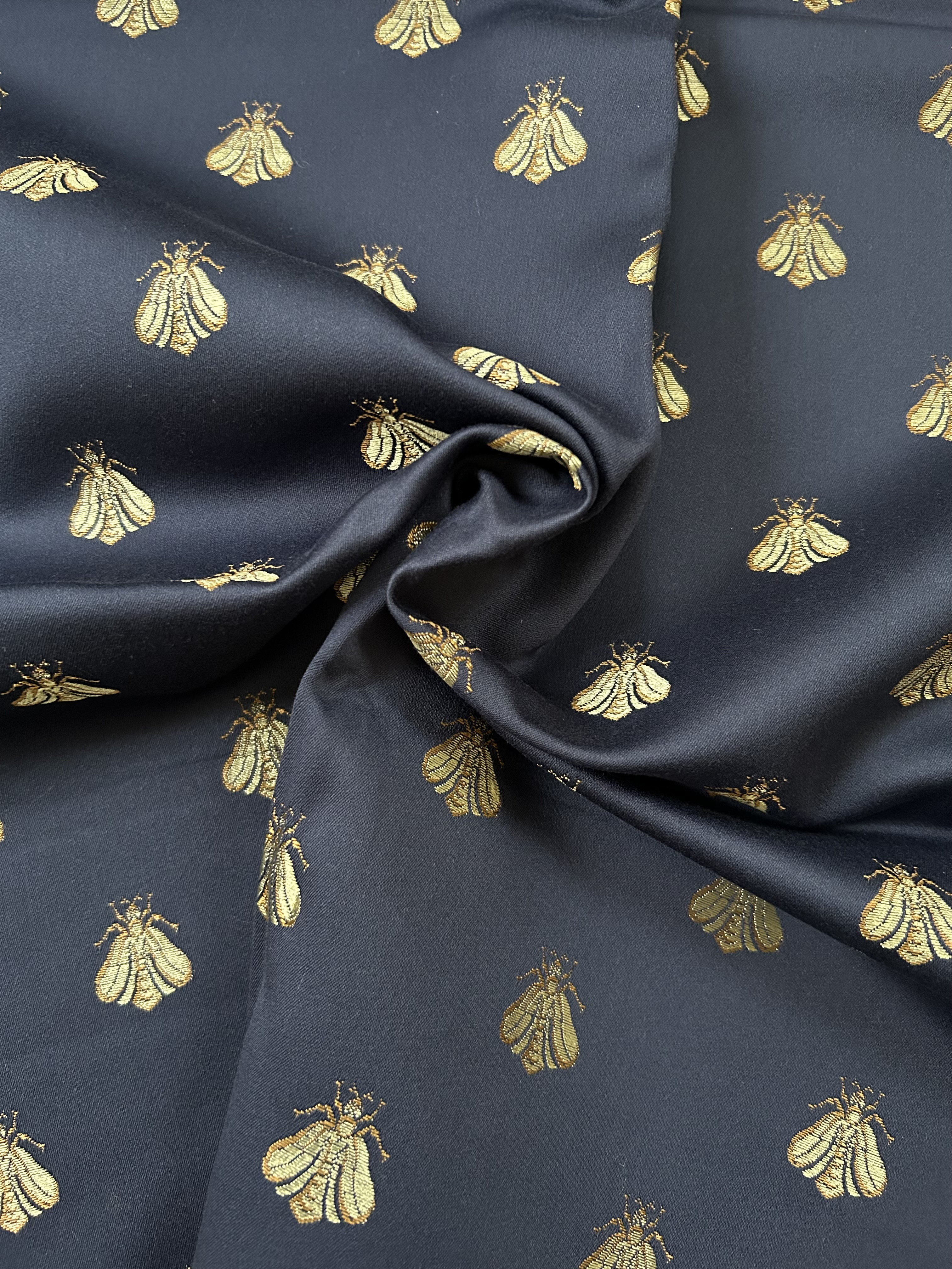 最終　フランス インテリアファブリック アベイユ 蜜蜂 ネイビー×ゴールド カルトナージュ スツール インテリア茶箱