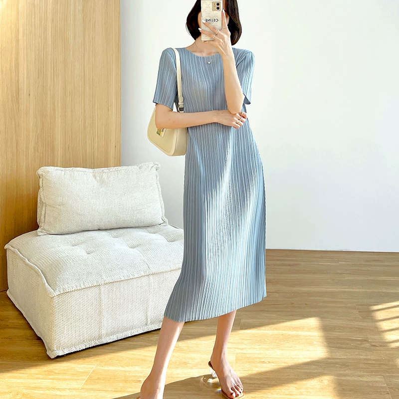 高級感レトロ調。プリント綿麻ワンピース春夏文芸純色亜麻ストレートミドルロングスカート