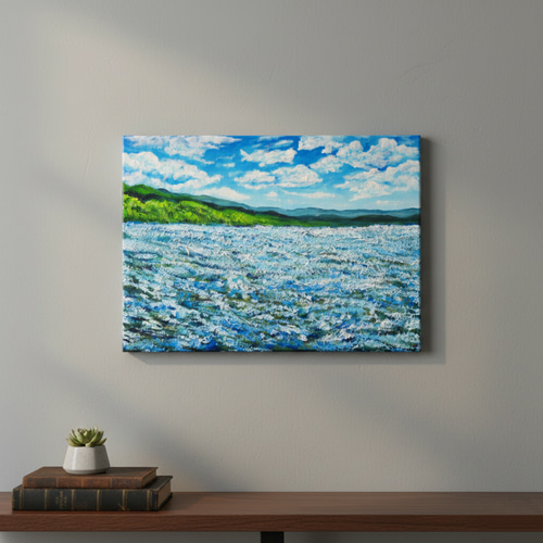 油絵 原画【蒼天と青い花】空と花畑の風景画 絵画 油彩画 インテリア