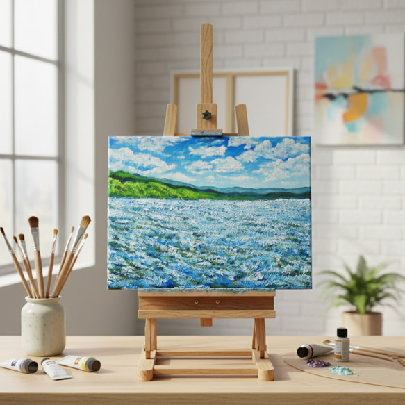 油絵 原画【蒼天と青い花】空と花畑の風景画 絵画 油彩画 インテリア