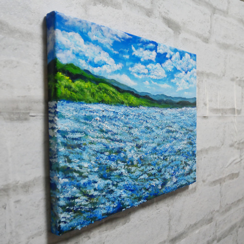 油絵 原画【蒼天と青い花】空と花畑の風景画 絵画 油彩画 インテリア