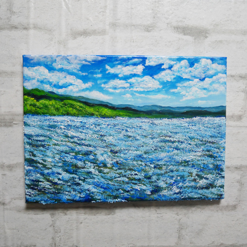 油絵 原画【蒼天と青い花】空と花畑の風景画 絵画 油彩画 インテリア