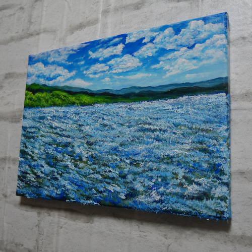 油絵 原画【蒼天と青い花】空と花畑の風景画 絵画 油彩画 インテリア