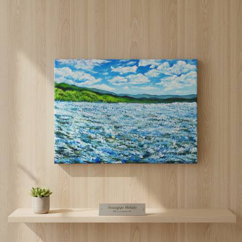 油絵 原画【蒼天と青い花】空と花畑の風景画 絵画 油彩画 インテリア