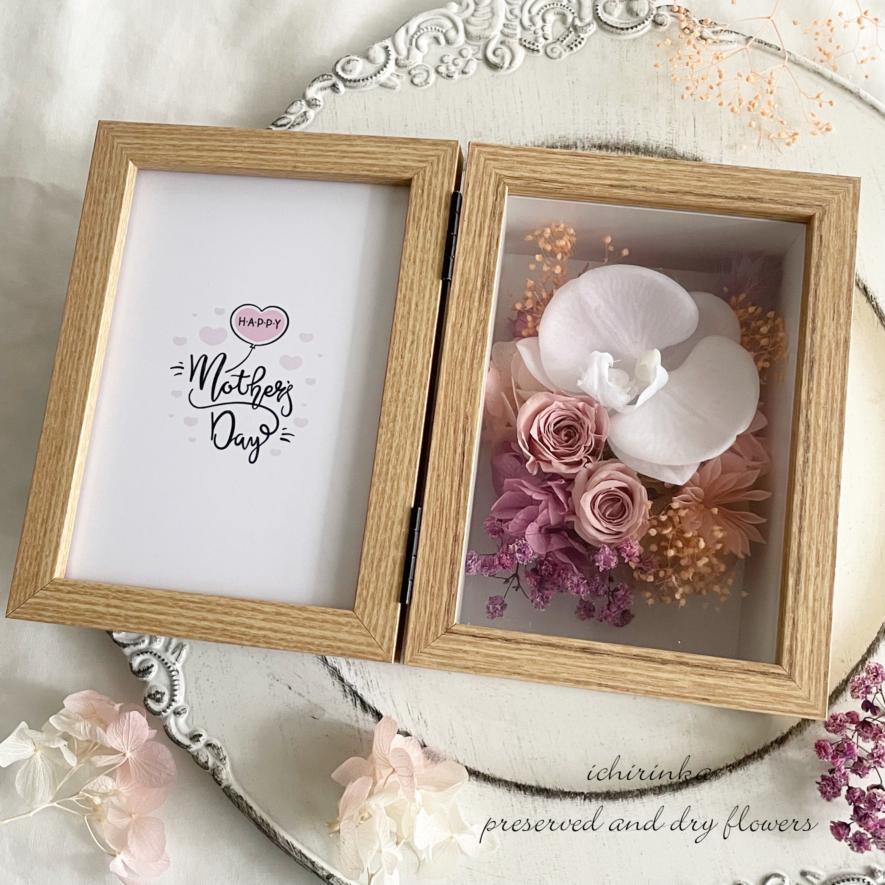 文字入れ可＊胡蝶蘭とバラのフォトフレームボックス～ピンク～ 母の日 誕生日 両親贈呈品 写真立て プリザーブドフラワー