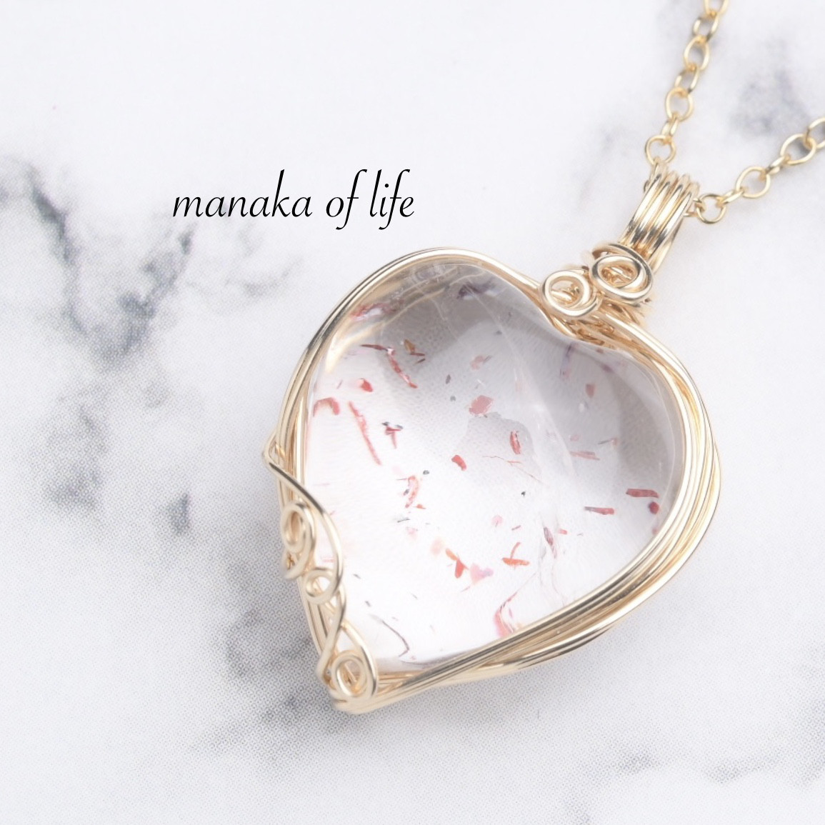 ファイアークォーツ レピドクロサイト   ワイヤーラッピング ネックレス 14kgf ハート型 天然石 送料無料