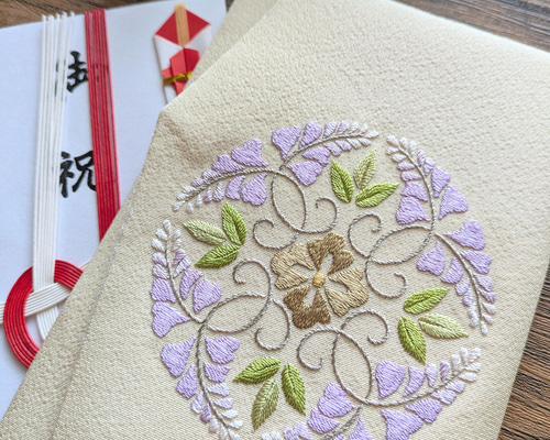 日本刺繍の金封ふくさ（八藤丸紋）（F2504） ご祝儀袋・袱紗（ふくさ