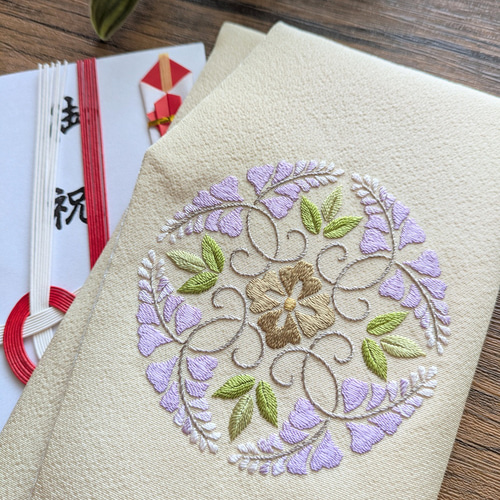 日本刺繍の金封ふくさ（八藤丸紋）（F2504） ご祝儀袋・袱紗（ふくさ