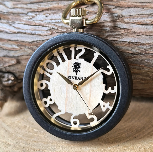 【木製懐中時計】EINBAND Wood Pocket Watch スケルトン 40mm【メイプルウッド文字盤】 5枚目の画像