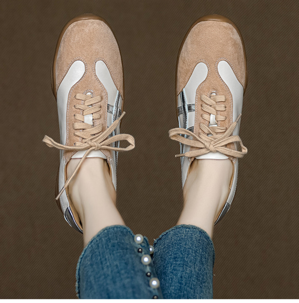 玄関で悩まない！万能上品スニーカー／ 上品 ヘビロテ ベージュ グレー 靴紐 旅行 ミセス シンプル 歩きやすい 本革 4枚目の画像