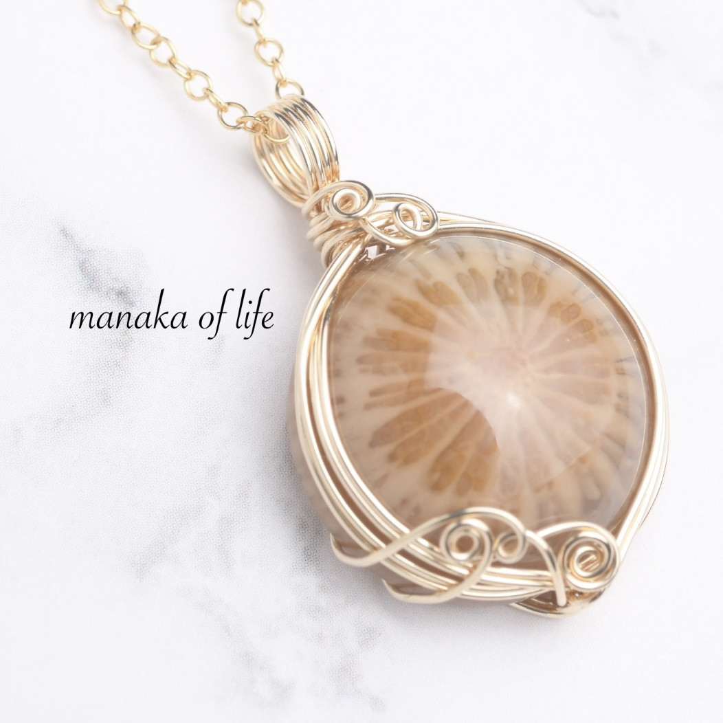 フォッシルコーラル ペンダントトップ ワイヤーラッピング 14kgf 天然石 ネックレス 送料無料でお届けします