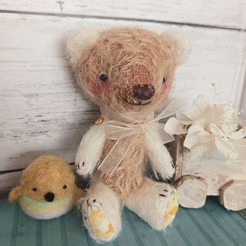 春のツートンくまさんとトリさん テディベア ハンドメイド 羊毛