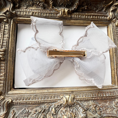 高級オーガンジー刺繍重ねリボン♡パール付き☆クリップ ヘアクリップ