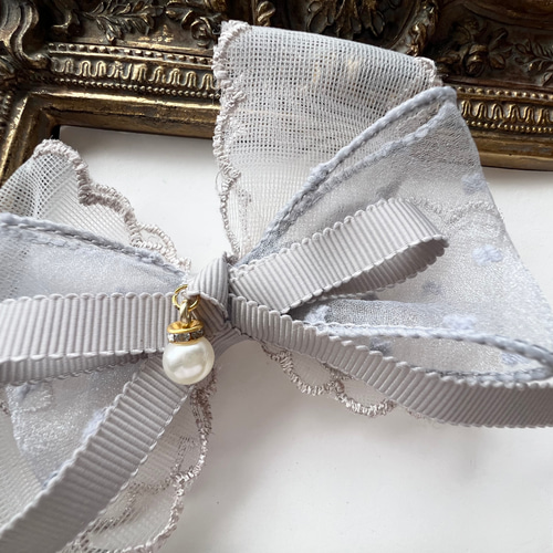 高級オーガンジー刺繍重ねリボン♡パール付き☆クリップ ヘアクリップ