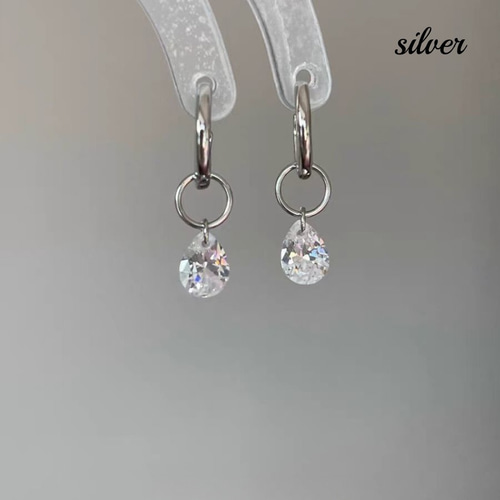 S925 2way しずく 1粒 ジルコニア フープ ピアス ワンタッチ リング