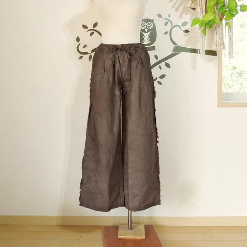 asana HEMP100% デニム風 フリンジ パンツ○草木染め麻墨グレー
