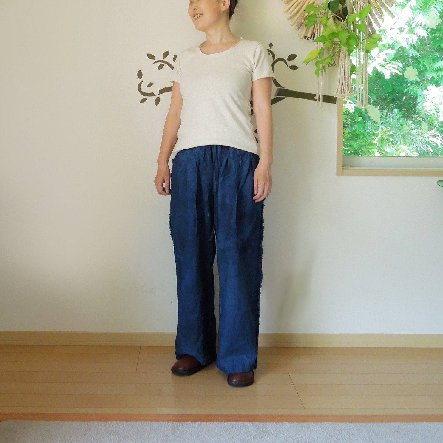 asana HEMP100% デニム風 フリンジ パンツ●草木染めインディゴ