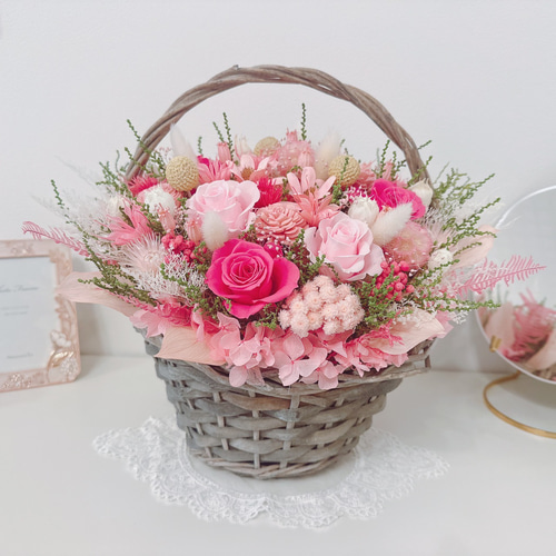 豪華 華やかな パステルピンク 花籠 ✽喜ばれる フラワーバスケット