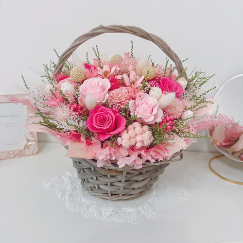 豪華 華やかな パステルピンク 花籠 ✽喜ばれる フラワーバスケット