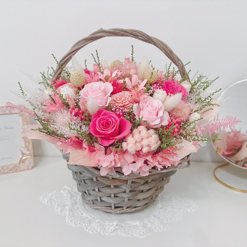 豪華 華やかな パステルピンク 花籠 ✽喜ばれる フラワーバスケット
