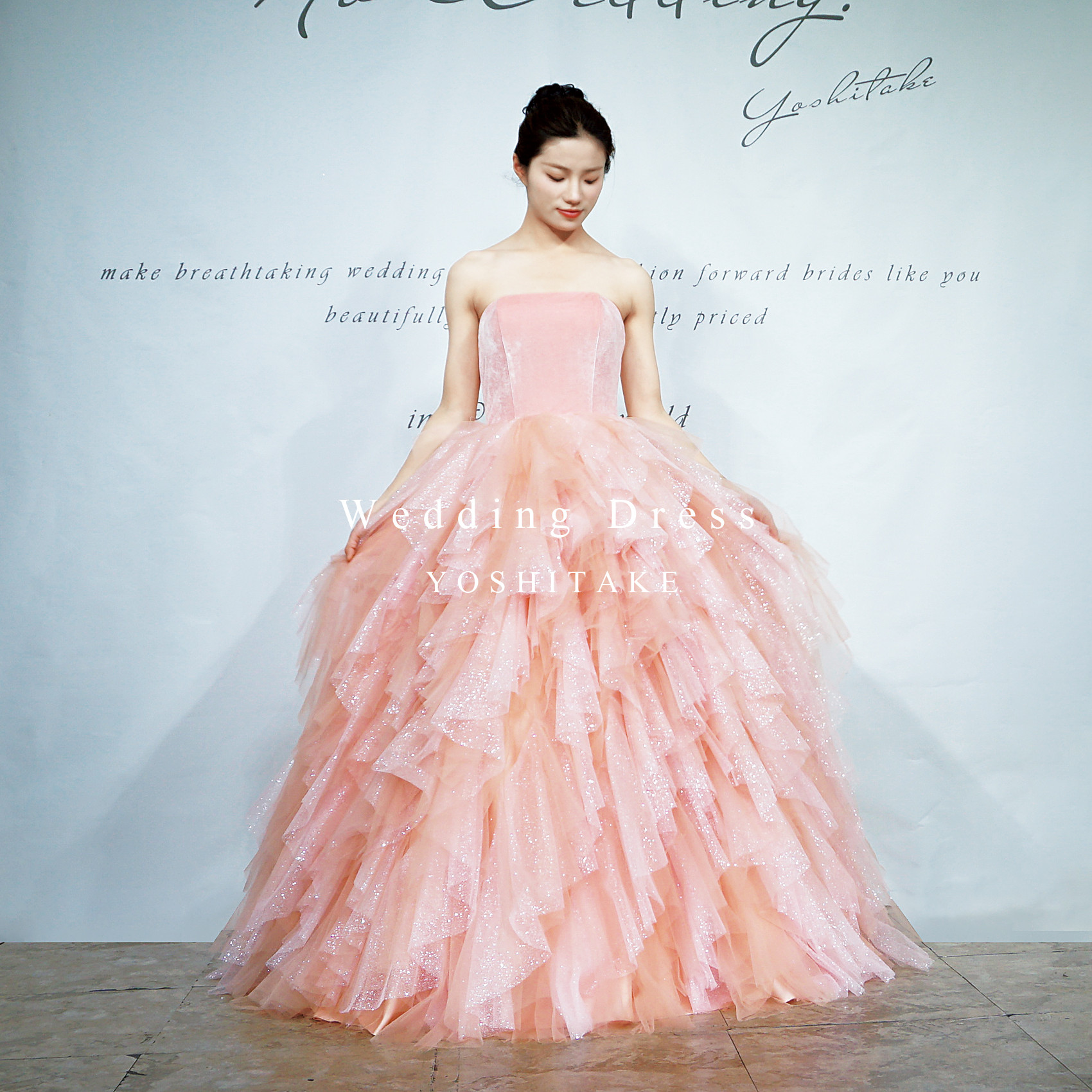 【オーダー制作】ウエディングドレス.ピンク.チュール.カラードレス.ベロア.Aライン.Y2342