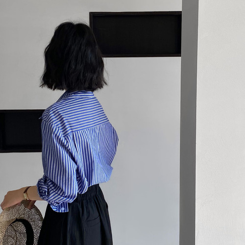 フレンチレースパッチワークブルーホワイトストライプシャツブラウス