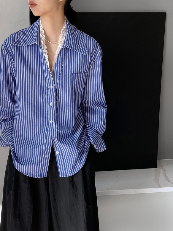 フレンチレースパッチワークブルーホワイトストライプシャツブラウス