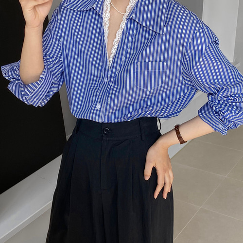 フレンチレースパッチワークブルーホワイトストライプシャツブラウス