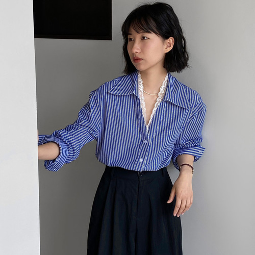 トップス 252515 フレンチレースパッチワークブルーホワイトストライプシャツブラウス