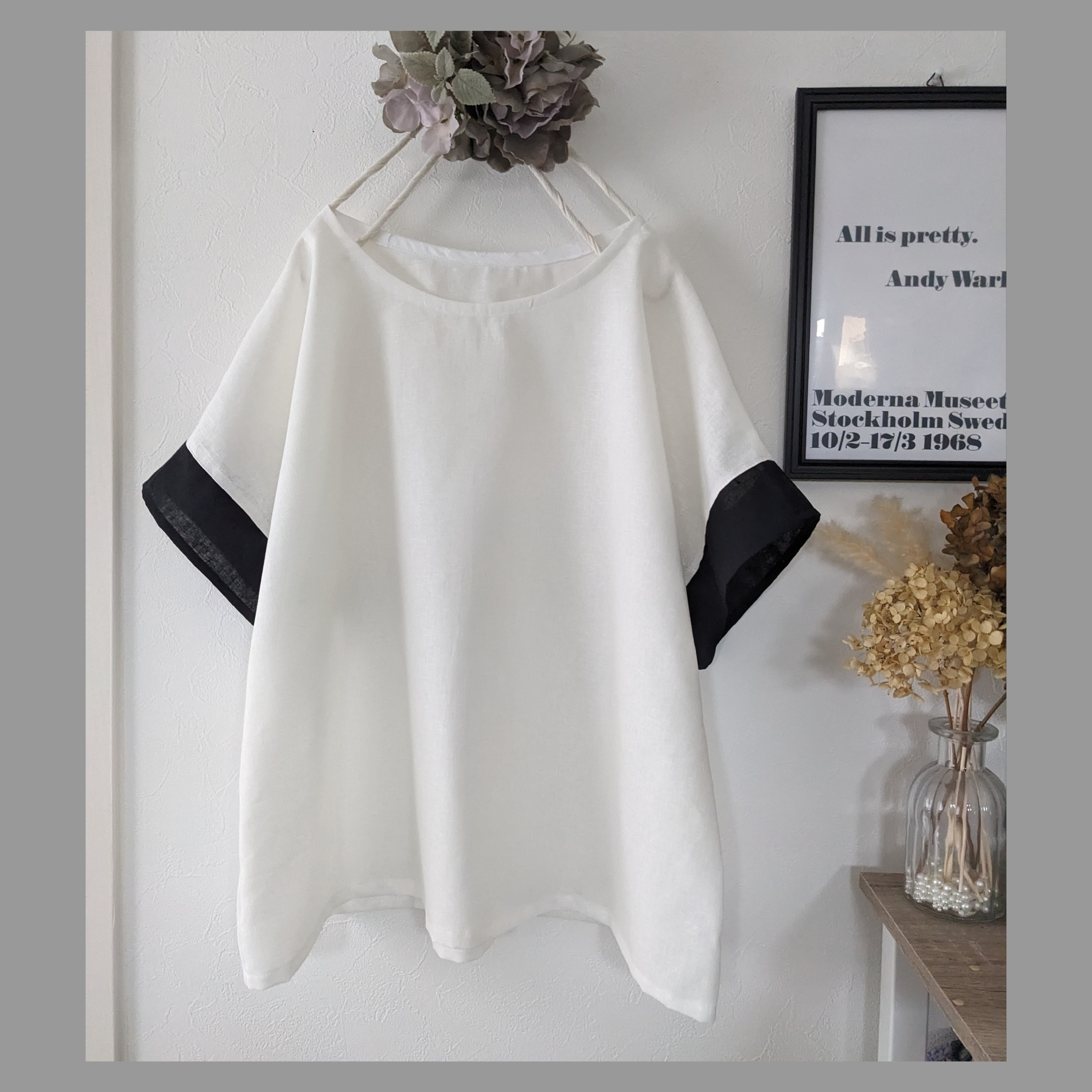 ♥リネンモノトーンブラウス　ホワイト☓ブラック♥半袖七分袖♥