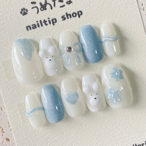 夢かわくま ネイルチップ ブルー青マグネット ホワイト白 リボン