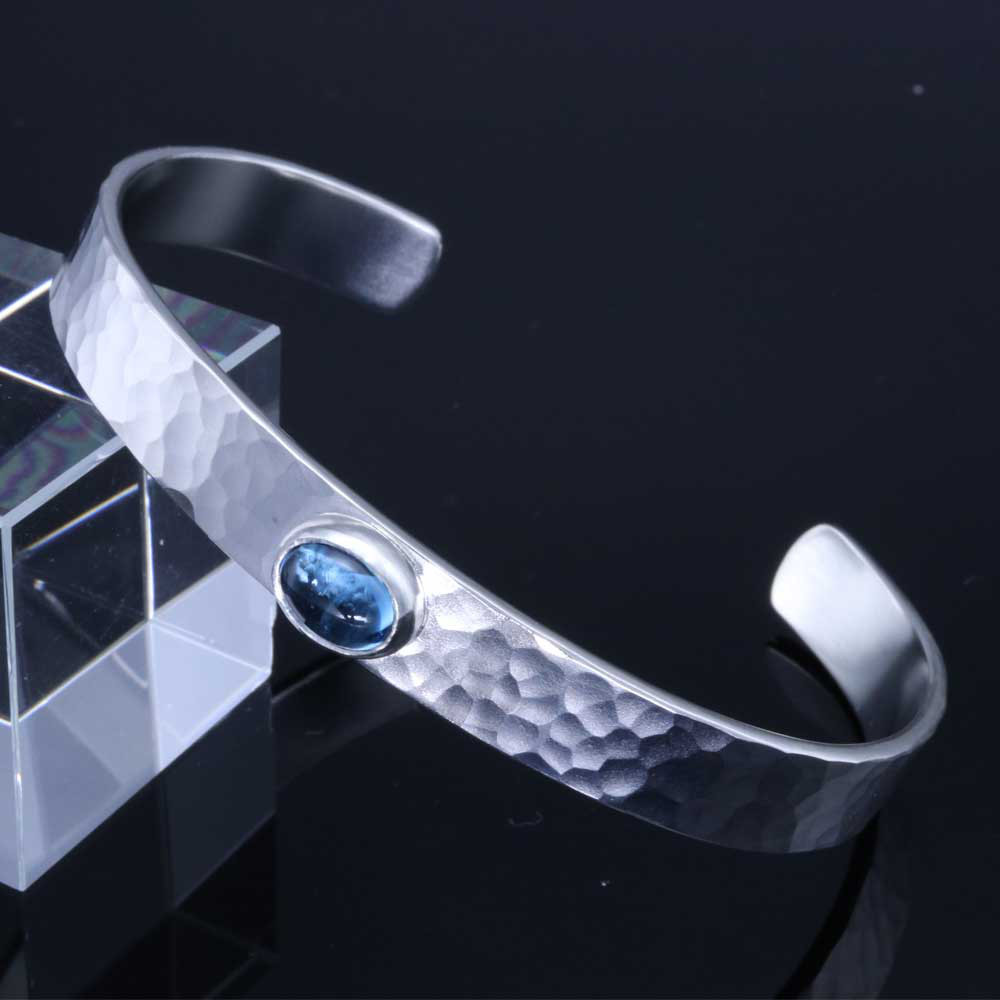 バングル メンズ 丸 鎚目 槌目 バングル 8mm幅 天然石付き シルバー シンプル S/M/L B-82