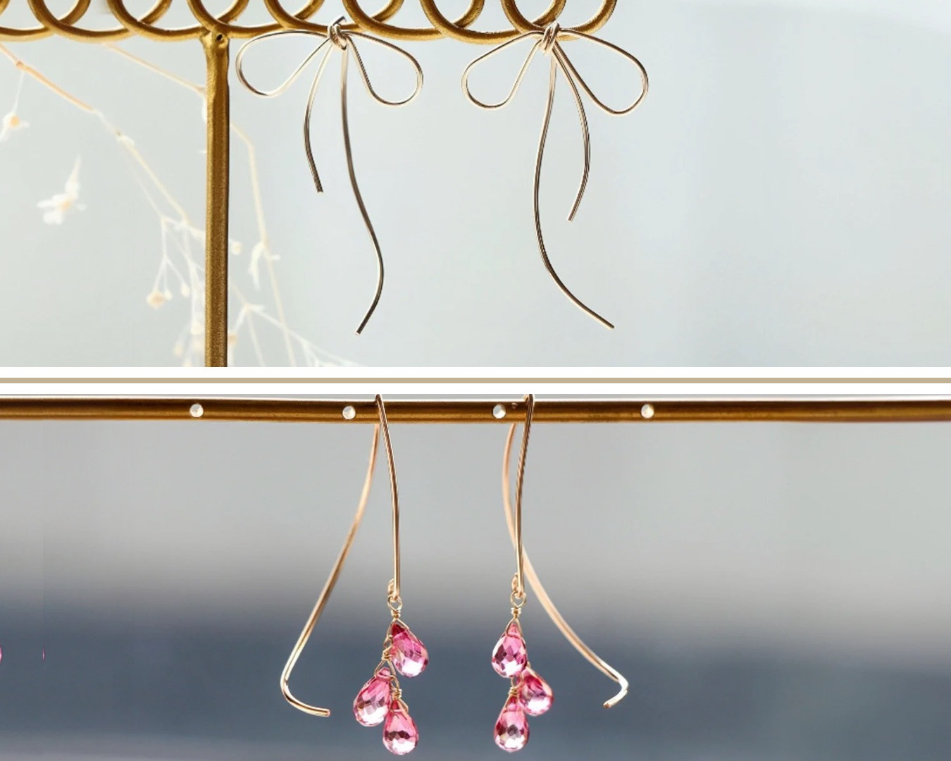 14kgf-当店高評価ピアスの2点セット(アシンメトリーリボン&ハーフカール ピアス)