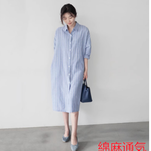 綿麻ストライプシャツワンピース女2025新型韓国版ゆったりビッグ