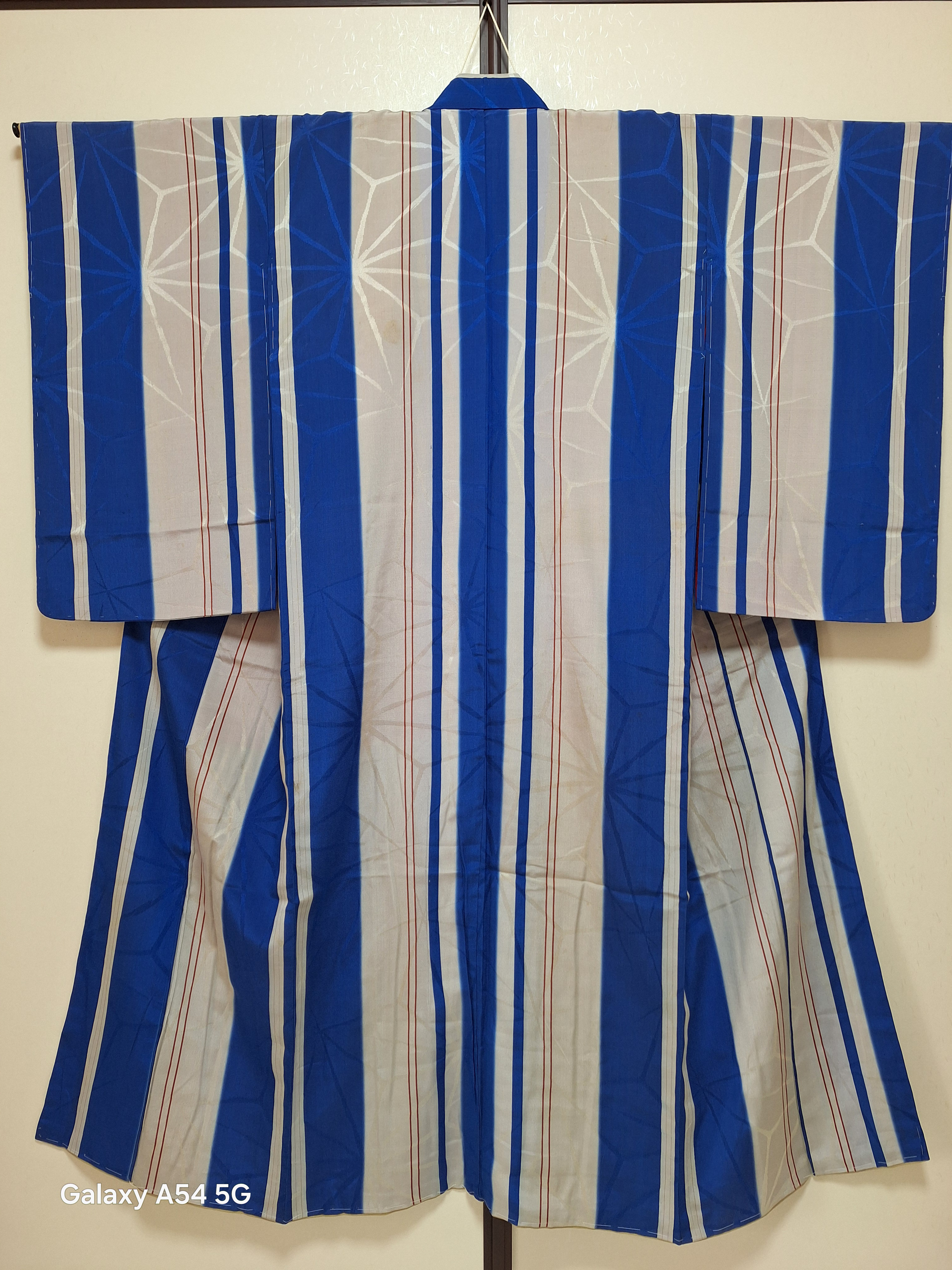 【アンティーク】ワンタッチ着物　くらわん着物　正絹小紋リメイク　青灰赤麻の葉文様　簡単着物