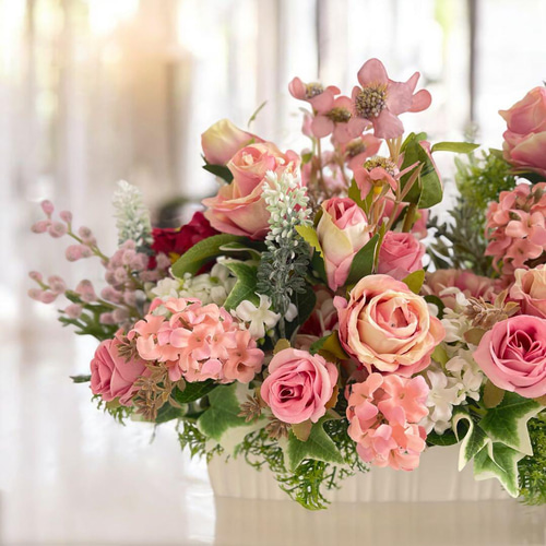 ♥️感謝品♠️o○フラワーアレンジ　薔薇とハハコ草のフラワーアレンジ No.3 ロココスタイルの薔薇とミモザの横長花ギフト フラワーアレンジ 母の日