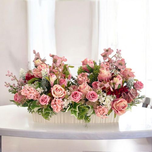 ロココスタイルの薔薇とミモザの横長花ギフト フラワーアレンジ 母の日