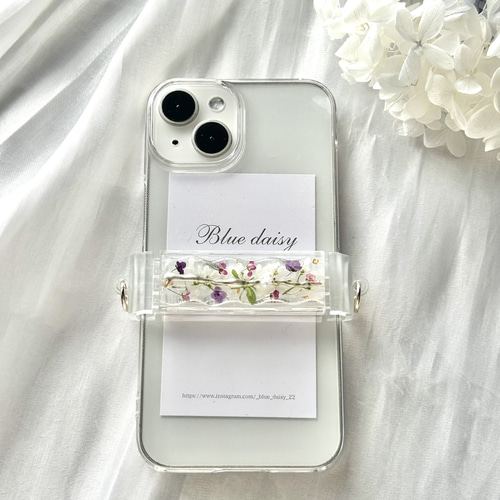 今のケースに挟むだけ】押し花スマホショルダー アリッサ厶入り透明