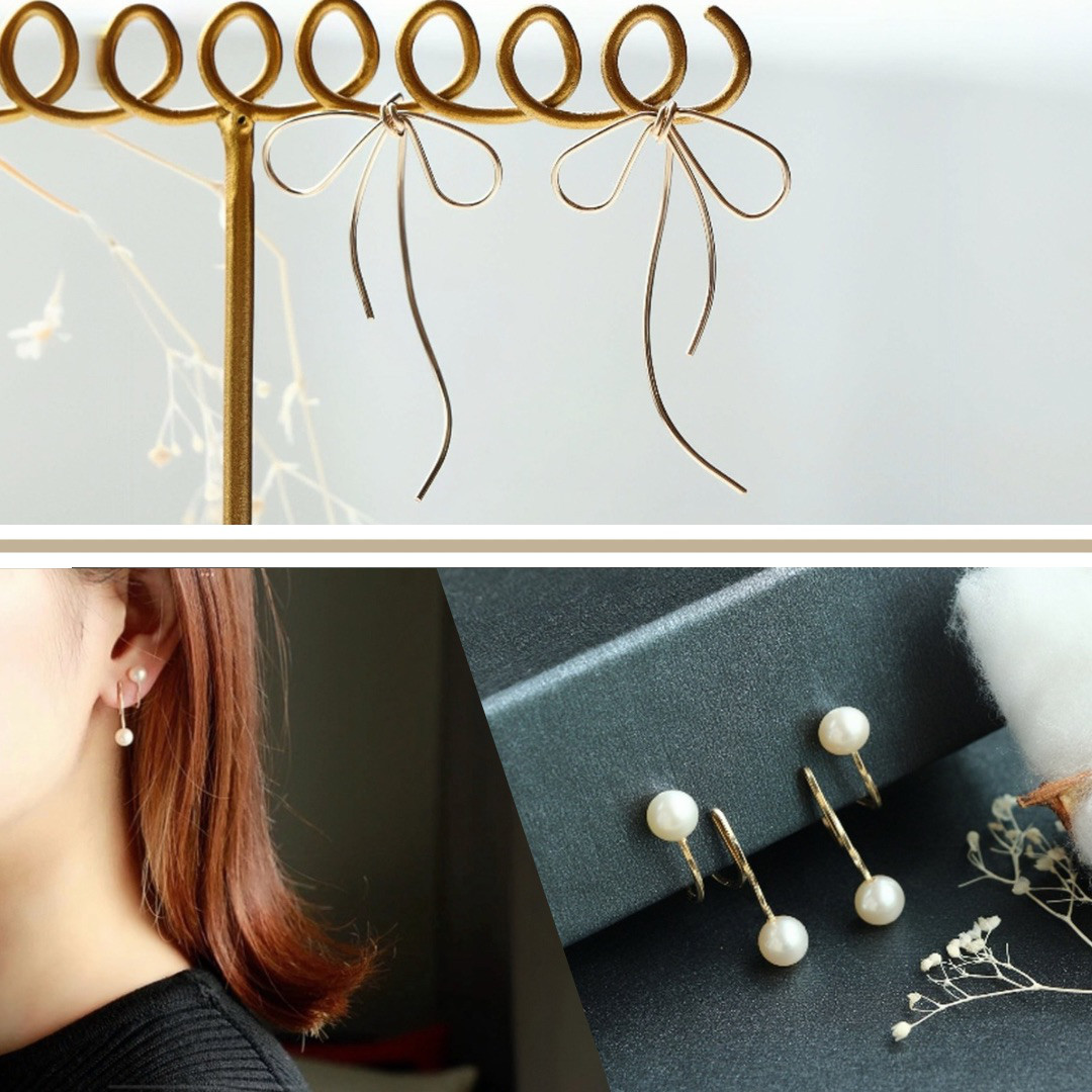 14kgf-当店高評価イヤリングの2点セット(アシンメトリーリボン&double pearl bar)