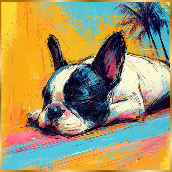 フレンチブルドッグ犬とビーチのスケッチ No.1】海・犬の絵・犬の