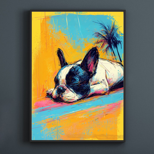フレンチブルドッグ犬とビーチのスケッチ No.1】海・犬の絵・犬