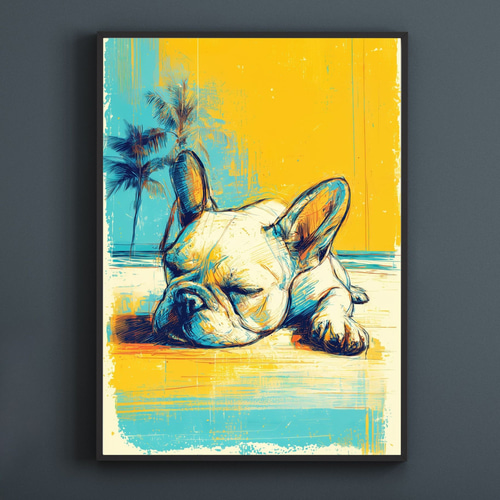 フレンチブルドッグ犬とビーチのスケッチ No.3】海・犬の絵・犬