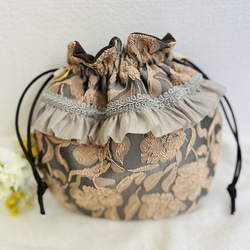 花柄ジャガードのまんまる巾着バッグ｜帆布裏地＆ショルダーバッグ　お出かけ　結婚式　七五三　和装　プレゼント　 5枚目の画像